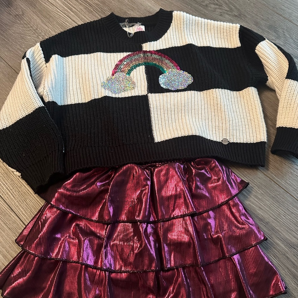 Justice Black and White Matching Set with Striped Sweater and Flared Skirt